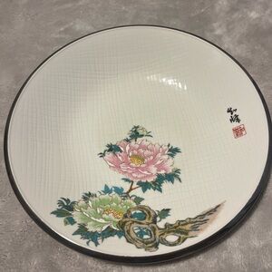 Floral Chinese Decorative Plate with Pink and Green Peonies